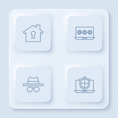 Hat evini koruma altına alın, şifreli dizüstü bilgisayar, kılık değiştirme modu ve koruma kalkanı. Beyaz kare düğme. Vektör