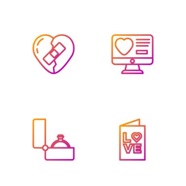 Sevgililer Günü partisi broşürü, elmas nişan yüzüğü kırık kalbi ve internetteki randevu uygulaması. Renk simgeleri. Vektör