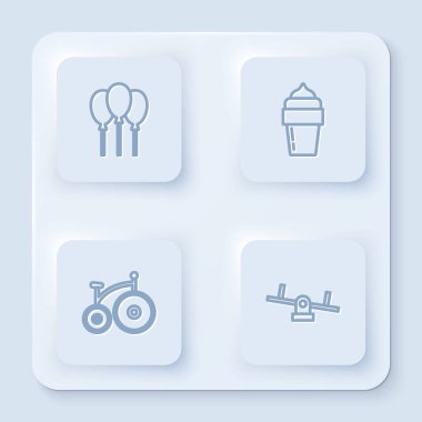 Şeritli balonlar, dondurma, klasik bisiklet ve tahterevalli. Beyaz kare düğme. Vektör