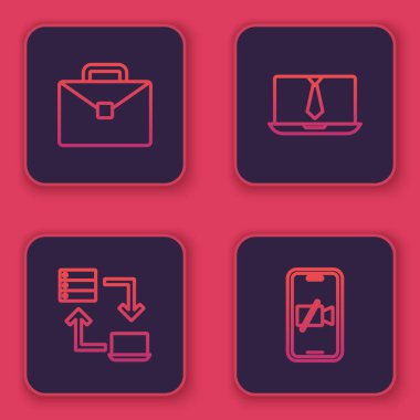 Evrak çantası, çevrimiçi çalışma, görüntülü sohbet konferansı ve kapalı kamera ayarlayın. Mavi kare düğme. Vektör