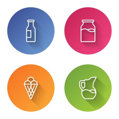 Sütlü şişe, gözleme külahında dondurma ve sürahi ya da sürahi. Renkli daire düğmesi. Vektör