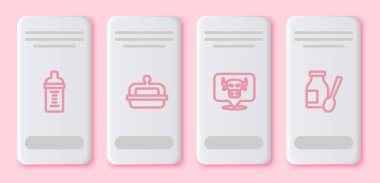 Bebek sütünü şişeye koy, tereyağı kabı, inek kafası ve yoğurt iç. Beyaz dikdörtgen düğme. Vektör