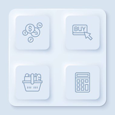 Dolar, satın alma düğmesi, alışveriş sepeti, yiyecek ve hesap makinesiyle para akışını ayarlayın. Beyaz kare düğme. Vektör