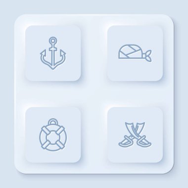 Anchor, Pirate bandana, Lifebuoy ve Crossed korsan kılıçları. Beyaz kare düğme. Vektör