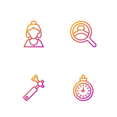 Cepçi saati, kuyumcu lupe, kuyumcu danışmanı ve elmas nişan yüzüğü. Renk simgeleri. Vektör