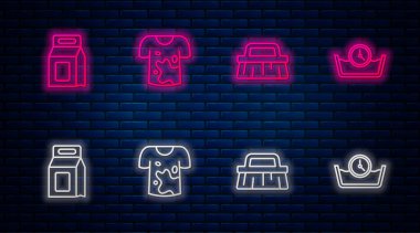 Çizgiyi Kirli Tişört, Temizlik için Fırça, Çamaşır deterjanı ve Zaman Yıkama. Tuğla duvarda parlayan neon simgesi. Vektör