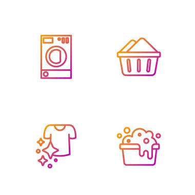 Sabun köpüklü leğen, kurutucu giysiler, çamaşır makinesi ve... Renk simgeleri. Vektör