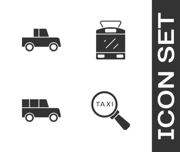 Set Vergrootglas Taxi Auto Auto Tram Pictogram Vector — Stockvector