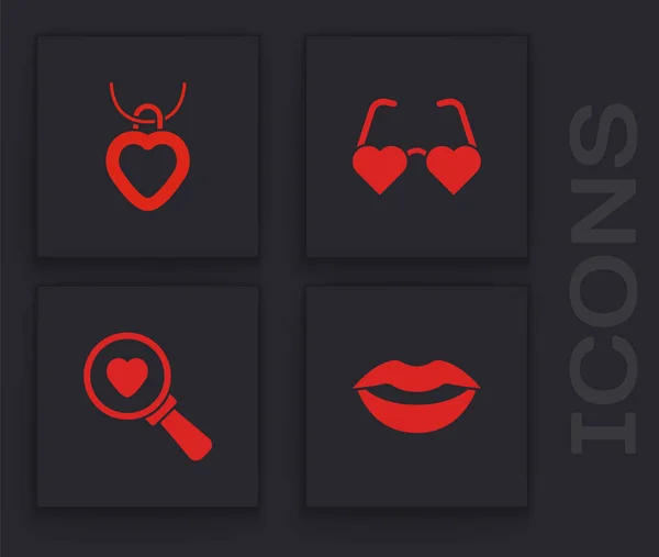 Set Lèvres Souriantes Collier Forme Coeur Lunettes Amour Coeur Recherche — Image vectorielle