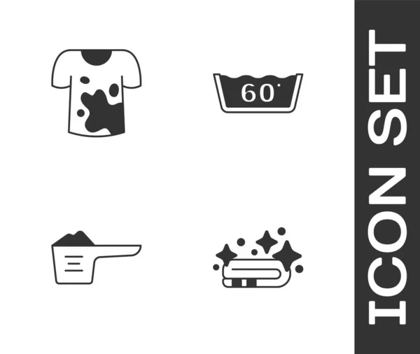 Set Pila Toallas Camiseta Sucia Polvo Lavado Icono Lavado Temperatura — Vector de stock