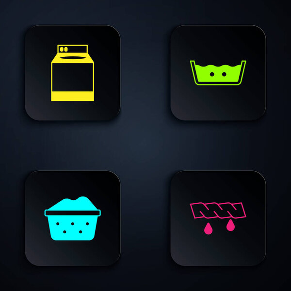 Set Squeeze clothes, Washer, Basin with soap suds and Temperature wash. Black square button. Vector