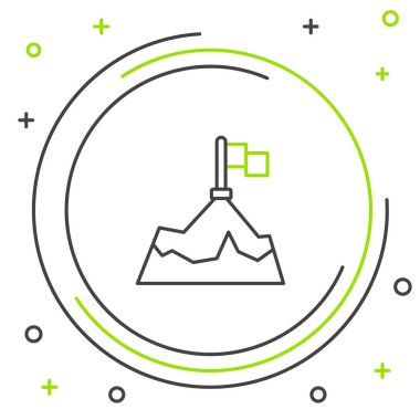 Beyaz zemin üzerinde bayrak bulunan çizgi dağları. Zaferin ya da başarının sembolü. Gol başarısı. Renkli taslak konsepti. Vektör