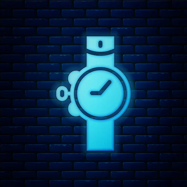 ネオン輝く手首の時計のアイコンはレンガの壁の背景に隔離されます 腕時計のアイコン ベクトル — ストックベクタ