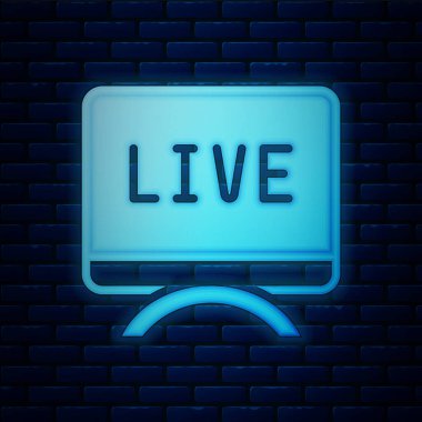 Parlayan neon canlı haber simgesi tuğla duvar arka planında izole edildi. Canlı haberler, sıcak haberler. Vektör