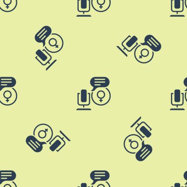 Mavi Mikrofon simgesi sarı arkaplandaki kusursuz deseni izole etti. Radyodaki mikrofondan. Sözcü işareti. Vektör