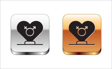 Siyah cinsiyet simgesi beyaz arkaplanda izole edilmiş. Erkek ve kadın sembolleri. Seks sembolü. Gümüş ve altın kare düğmeler. Vektör