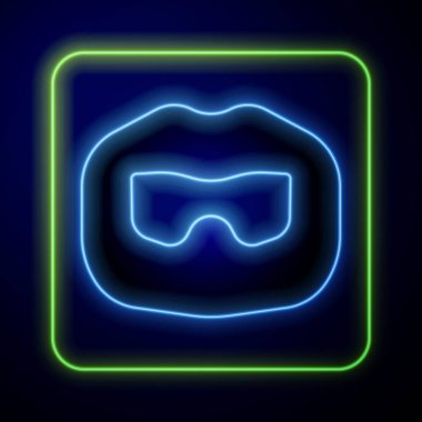 Parlayan neon bıyık ve sakal ikonu mavi arka planda izole edilmiş. Berber dükkanı sembolü. Yüz kılı stili. Vektör