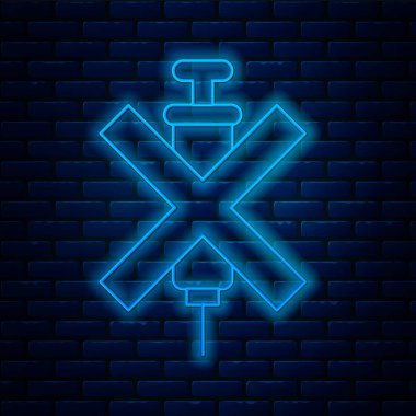 Parlayan neon hattı tuğla duvar arka planında doping şırınga simgesi yok. Vektör.
