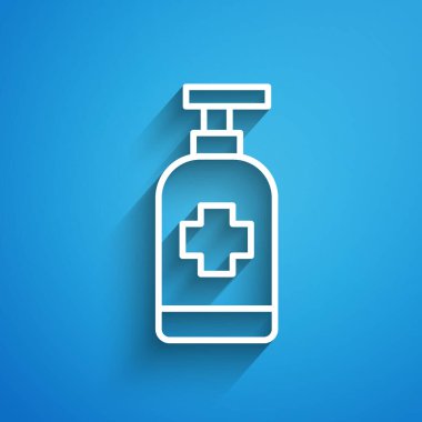 Beyaz çizgi, mavi arka planda izole edilmiş şeker ikonu içeren sıvı antibakteriyel sabun. Antiseptik. Dezenfeksiyon, hijyen, cilt bakımı. Uzun gölge. Vektör