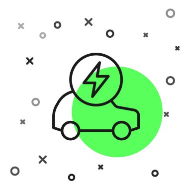 Siyah çizgi elektrikli araba ve elektrik kablosu şarj ikonu beyaz arka planda izole edildi. Yenilenebilir ekolojik teknolojiler. Vektör