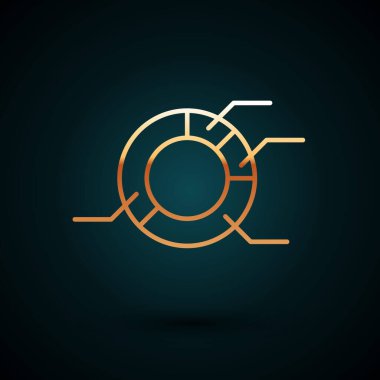 Koyu mavi arkaplanda izole edilmiş altın çizgili turta grafiği bilgi simgesi. Diyagram çizelgesi. Vektör