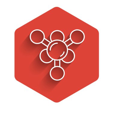 Beyaz çizgi Molekül simgesi uzun gölge arkaplanı ile izole edildi. Kimya moleküllerinin yapısı, fen öğretmenlerinin yenilikçi eğitim posteri. Kırmızı altıgen düğmesi. Vektör