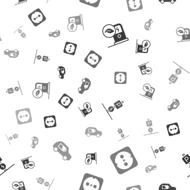 Elektrikli araba şarj istasyonunu, elektrik prizini, park yerini elektrikle şarj etmeyi ve kusursuz bir şablona ayarlayın. Vektör