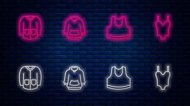 Kapüşonlu, atletli, kazaklı ve mayoslu. Tuğla duvarda parlayan neon simgesi. Vektör