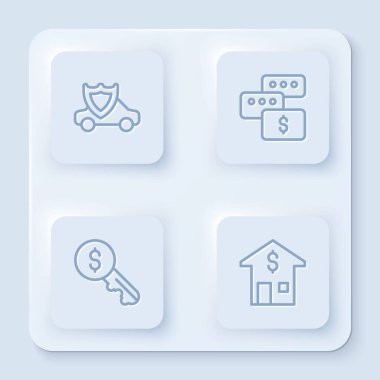 Rozetli araba, fiyat pazarlığı, kira anahtarı ve ev doları ayarlayın. Beyaz kare düğme. Vektör