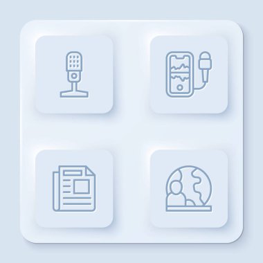 Mikrofon, Mobil Kayıt, Haberler ve Dünya Haberleri. Beyaz kare düğme. Vektör