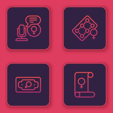 Mikrofon hattı, para yetiştiren kadın, doğum kontrol hapları ve feminizm. Mavi kare düğme. Vektör