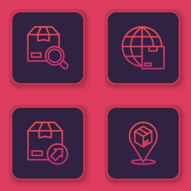 Satır Arama paketini, karton kutucuğu, dünya çapında nakliyat ve konumu ayarlayın. Mavi kare düğme. Vektör