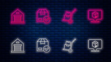 Çizgi kutusunu işaretli olarak ayarla, el arabası ve kutular, Depo ve konum kartonu. Tuğla duvarda parlayan neon simgesi. Vektör
