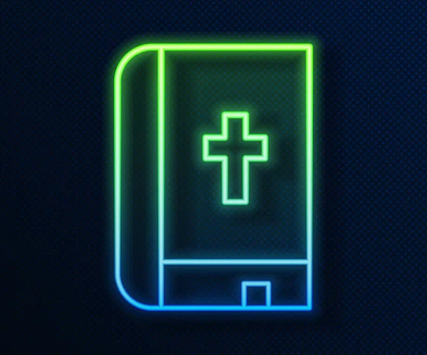 Gloeiende Neon Lijn Heilige Bijbel Boek Icoon Geïsoleerd Blauwe Achtergrond — Stockvector