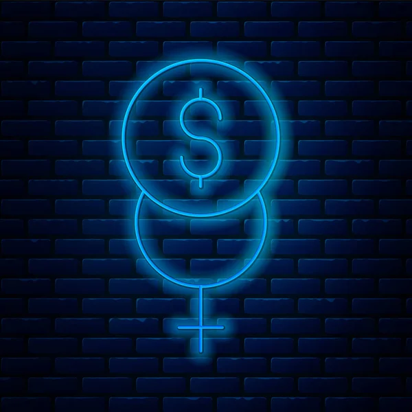 Glowing Neon Line Feminism Finance Icon Isolated Brick Wall Background — Stock Vector