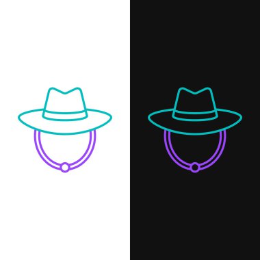 Batılı kovboy şapkası simgesi beyaz ve siyah arkaplanda izole edildi. Renkli taslak konsepti. Vektör