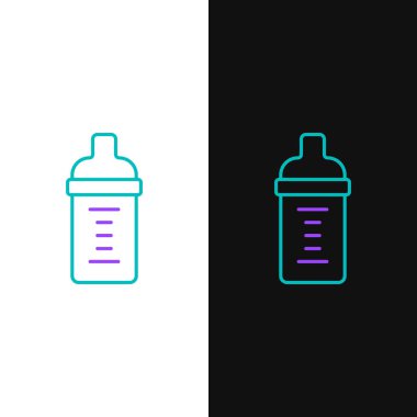 Beyaz ve siyah arka planda izole edilmiş şişe ikonundaki çizgi bebek sütü. Beslenme şişesi simgesi. Renkli taslak konsepti. Vektör