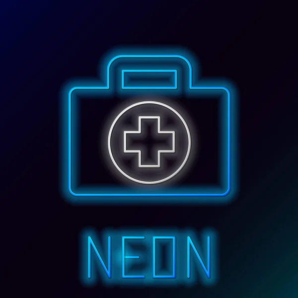 Gloeiende neon lijn EHBO kit icoon geïsoleerd op zwarte achtergrond. Medische doos met kruis. Medische apparatuur voor noodgevallen. Gezondheidszorg concept. Kleurrijk concept. Vector — Stockvector