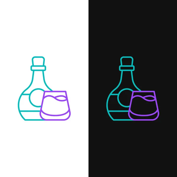 위스키 병 과 유리 아이콘을 흰색 과검은 색 배경에서 분리 했다. 화려 한 윤곽 개념. Vector — 스톡 벡터