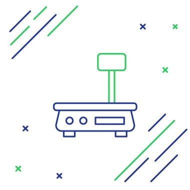 Çizgi Elektronik ölçek simgesi beyaz arkaplanda izole edildi. Yemek için kilo. Markette ya da süpermarkette tartılma işlemi. Renkli taslak konsepti. Vektör