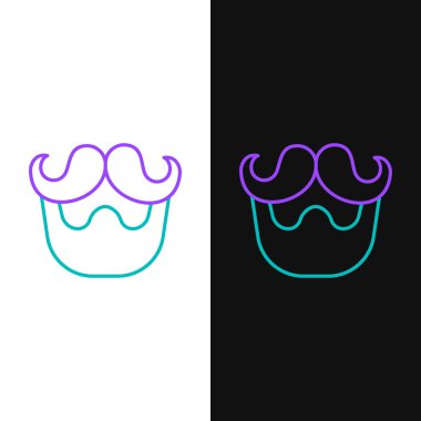 Çizgi bıyığı ve sakal simgesi beyaz ve siyah arkaplanda izole edilmiş. Berber dükkanı sembolü. Yüz kılı stili. Renkli taslak konsepti. Vektör