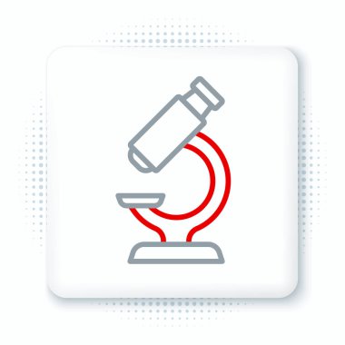 Beyaz arkaplanda çizgi mikroskobu simgesi izole edildi. Kimya, ilaç aleti, mikrobiyoloji büyütme aracı. Renkli taslak konsepti. Vektör