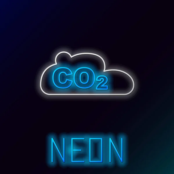 Emissioni di CO2 in linea al neon incandescente nell'icona della nuvola isolata su sfondo nero. Formula anidride carbonica, concetto di inquinamento da smog, concetto di ambiente. Concetto di contorno colorato. Vettore — Vettoriale Stock