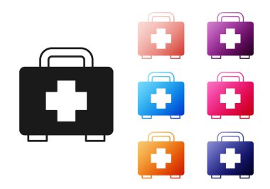 Siyah ilk yardım çantası simgesi beyaz arkaplanda izole edildi. Haçlı sağlık kutusu. Acil durumlar için tıbbi ekipman. Sağlık sigortası konsepti. Simgeleri renklendirin. Vektör