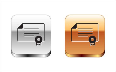 Beyaz arkaplanda siyah sertifika şablon simgesi izole edildi. Başarı, ödül, diploma, burs, diploma kavramları. Gümüş ve altın kare düğmeler. Vektör