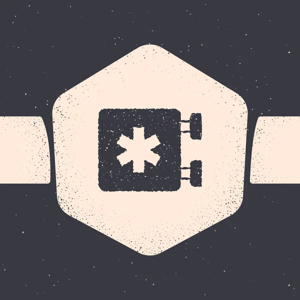 Grunge Símbolo médico do ícone de Emergência - Estrela da Vida isolado em fundo cinza. Desenho vintage monocromático. Vetor —  Vetores de Stock