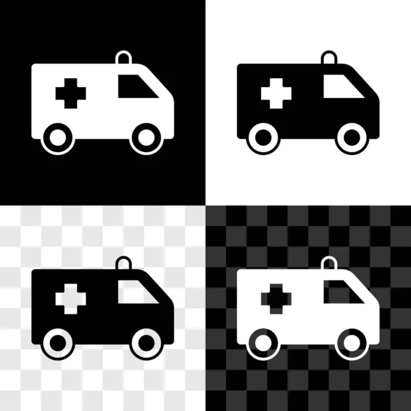 Stel Ambulance en noodauto pictogram geïsoleerd op zwart-wit, transparante achtergrond. Ambulance voertuig medische evacuatie. Vector — Stockvector