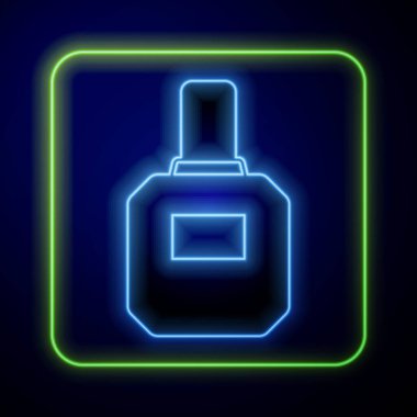 Parlayan neon losyon ikonu mavi arka planda izole edildi. Parfüm spreyi ikonu. Erkek parfüm şişesi. Vektör