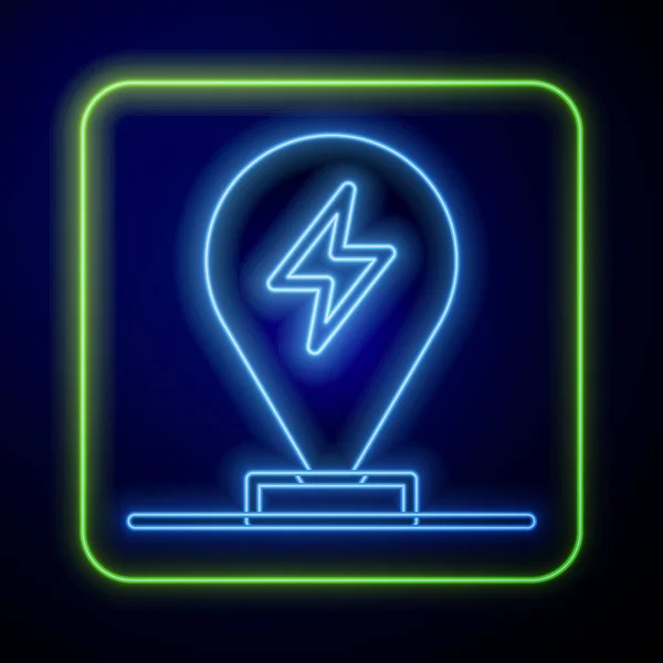 Gloeiende neon Opladen parkeren elektrische auto pictogram geïsoleerd op blauwe achtergrond. Vector — Stockvector