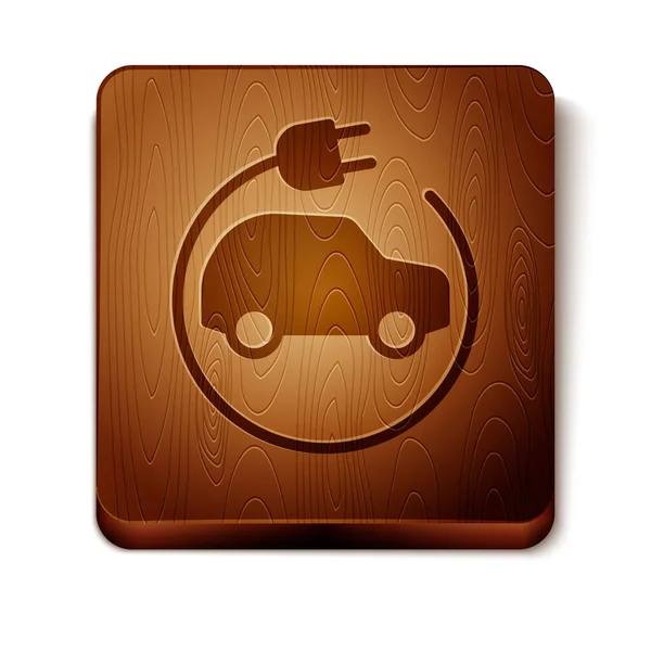 Brown Electric car and electrical cable plug charging icon isolated on white background. Renewable eco technologies. Wooden square button. Vector — Stock Vector